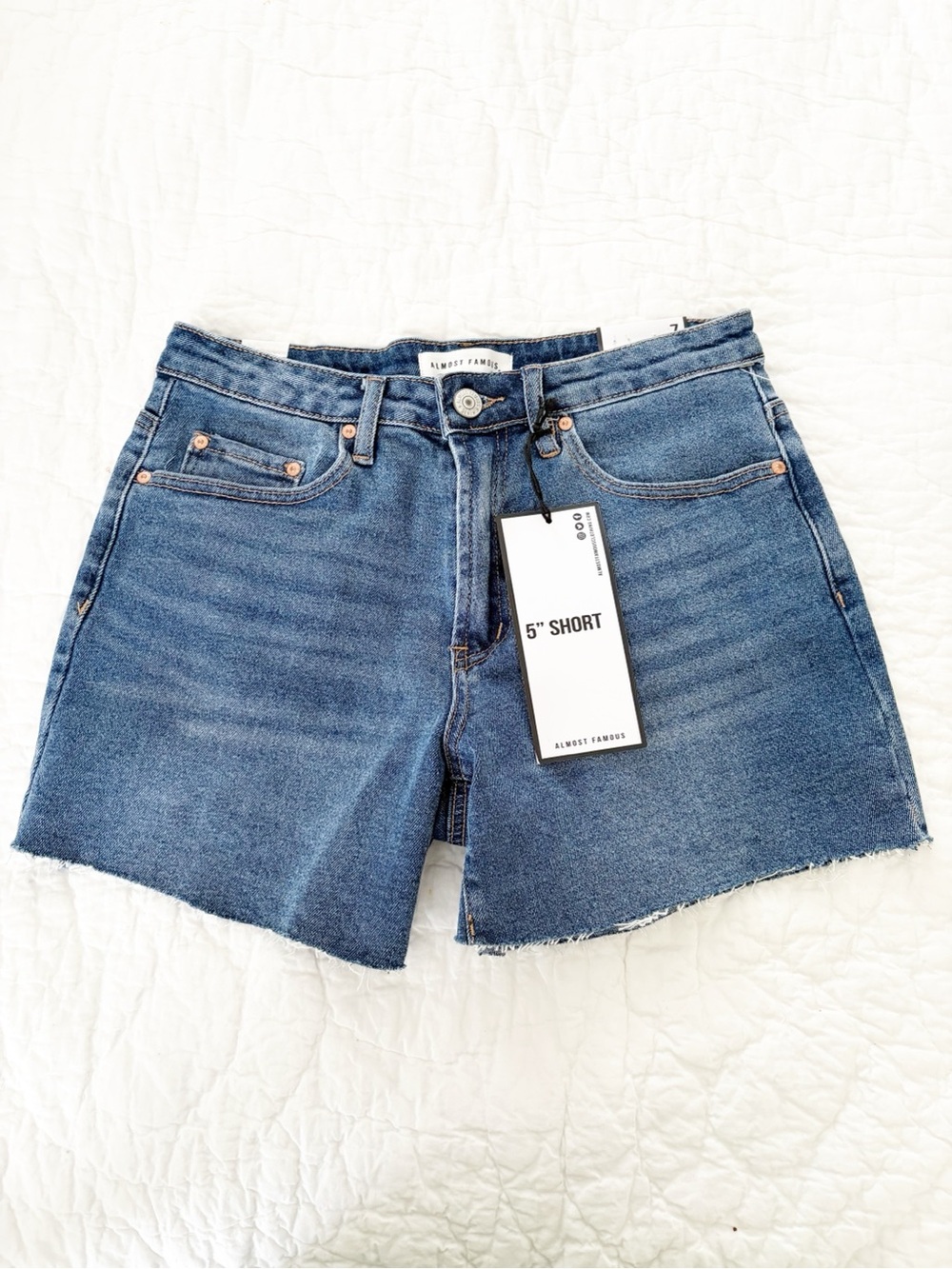 NEW ⭐️ 7 Almost Famous Blue Denim 5" Cutoff Jean Shorts